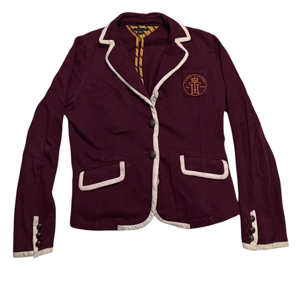 Tommy Hilfiger Blazer Women M Burgundy Knit Preppy Crest Logo Trim Collegiate